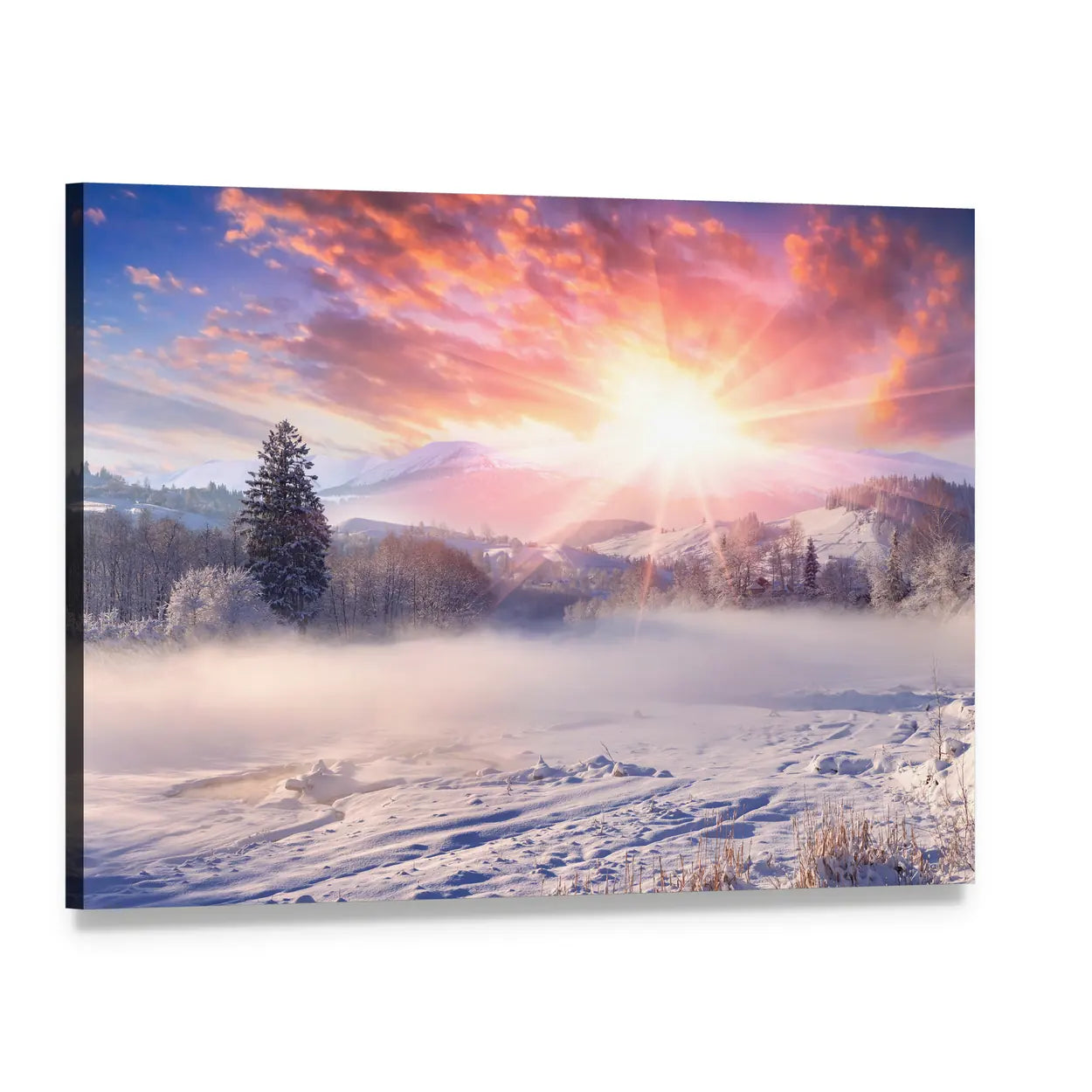 Winter Sunrise Over Snowy Mountains Canvas Wall Art, single panel gallery wrapped canvas, angled product view