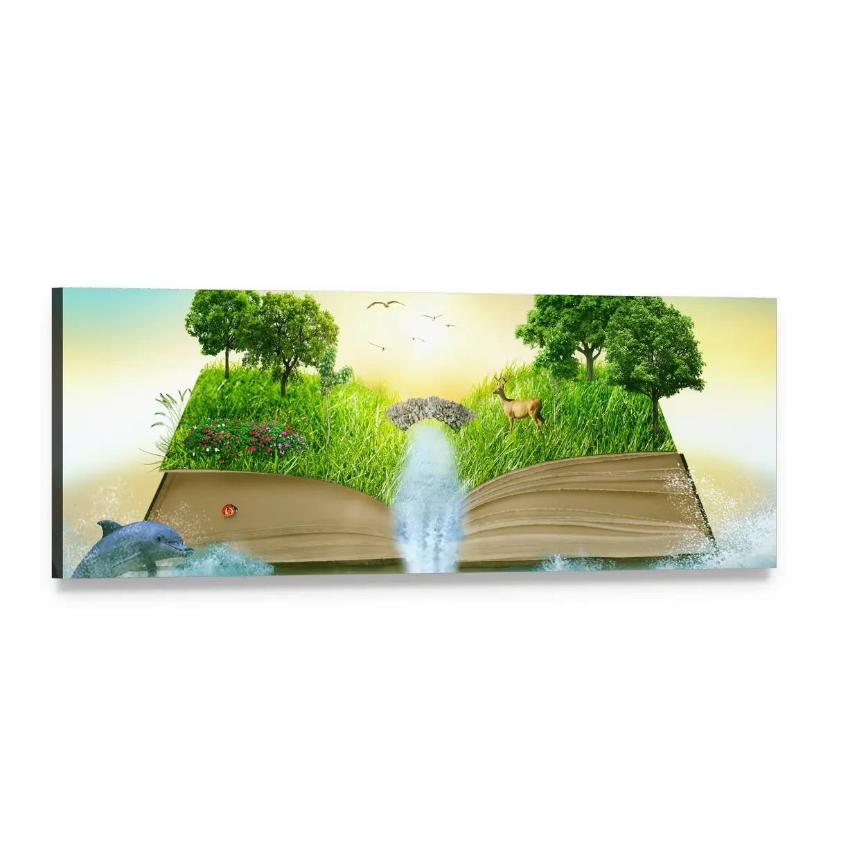 Fantasy Storybook with Waterfall Panoramic Canvas Wall Art, single panel gallery wrapped canvas, angled product view