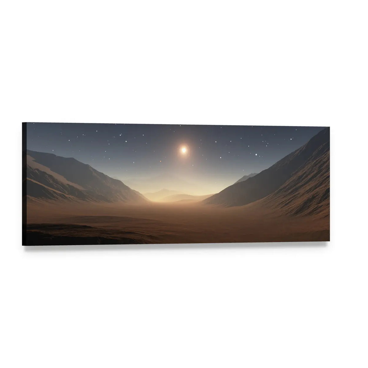 Mars Sunset Over Alien Desert Panoramic Canvas Wall Art, single panel gallery wrapped canvas, angled product view