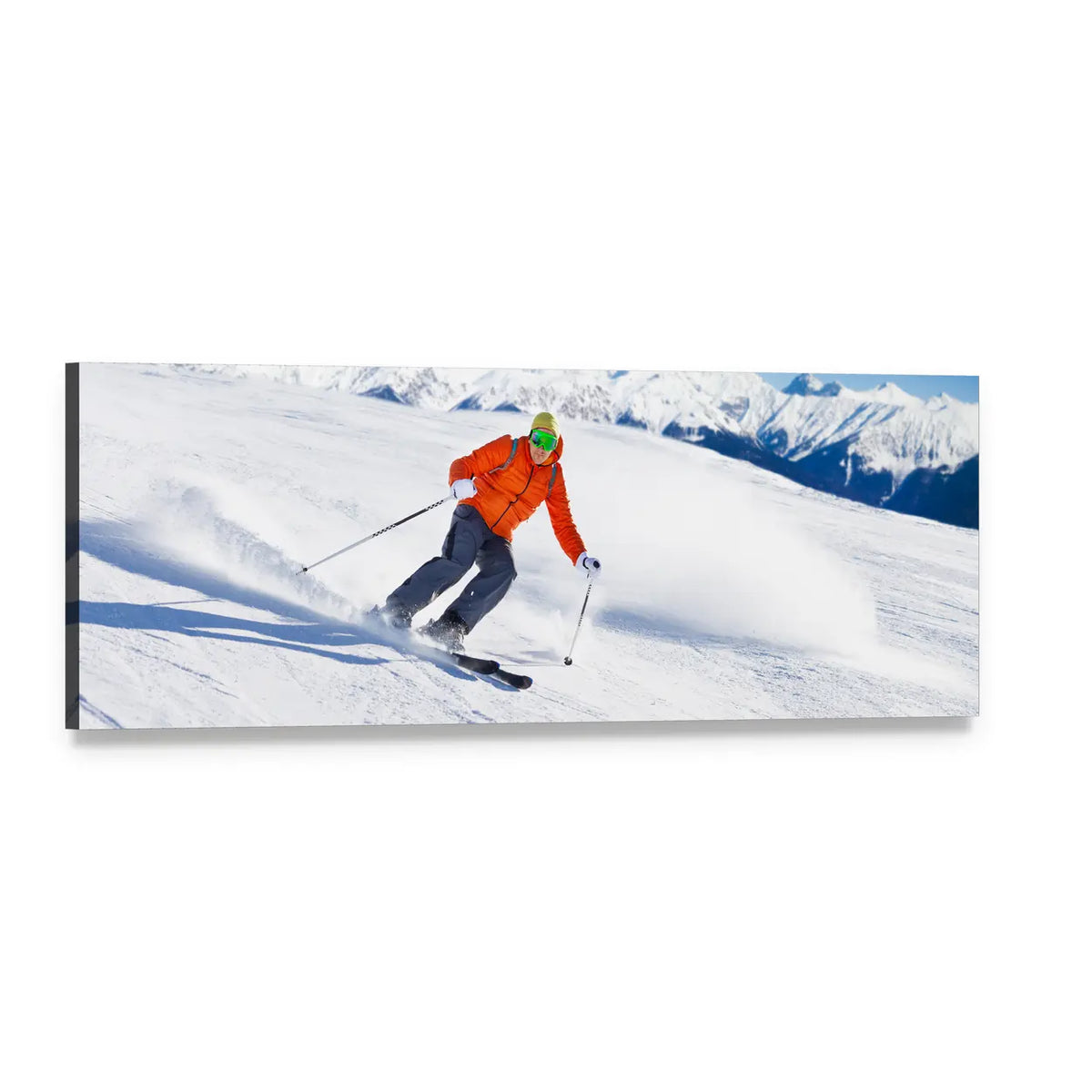 Masked Skier on Snowy Mountain Slope Panoramic Canvas Wall Art, single panel gallery wrapped canvas, angled product view