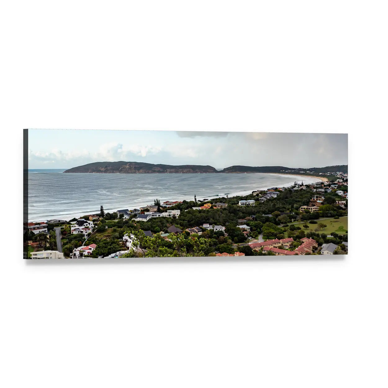 Plettenberg Sea Bay Coastal Landscape Panoramic Canvas Wall Art, single panel gallery wrapped canvas, angled product view