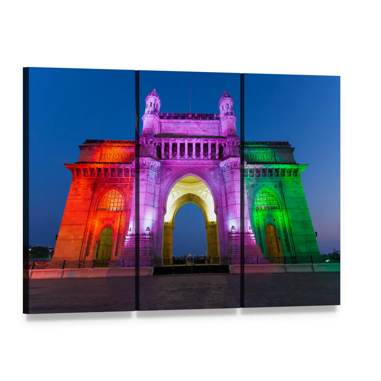 Gateway of India at Night Canvas Wall Art, 3 panel 3 Horizontal layout gallery wrapped canvas set, angled product view