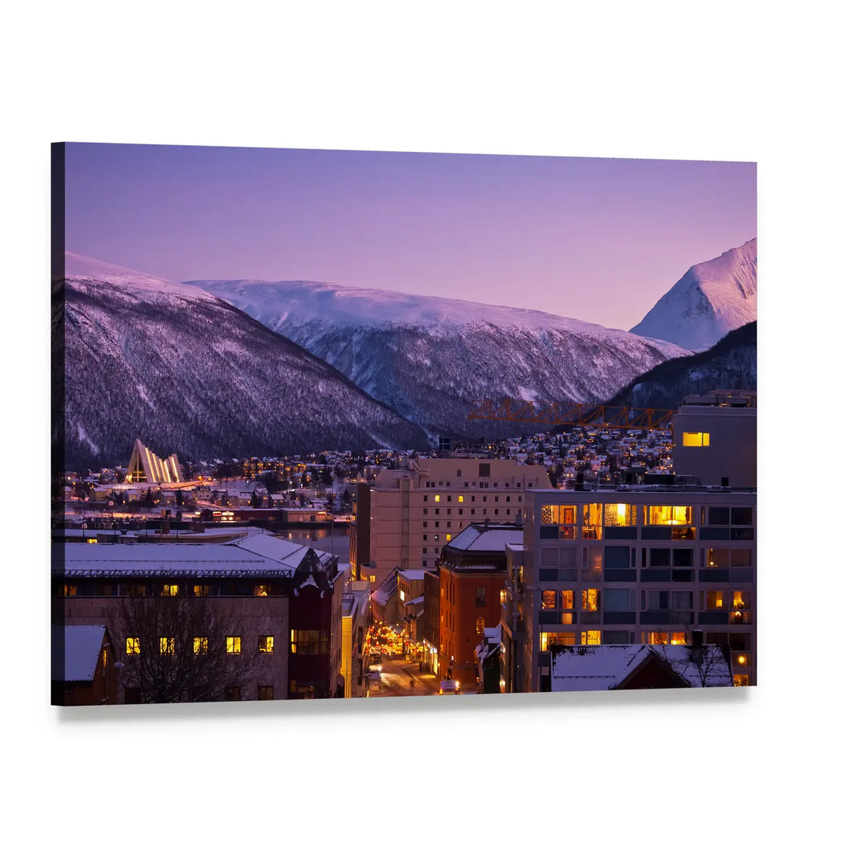 Tromso Cityscape At Dusk In Norway Canvas Wall Art, single panel gallery wrapped canvas, angled product view