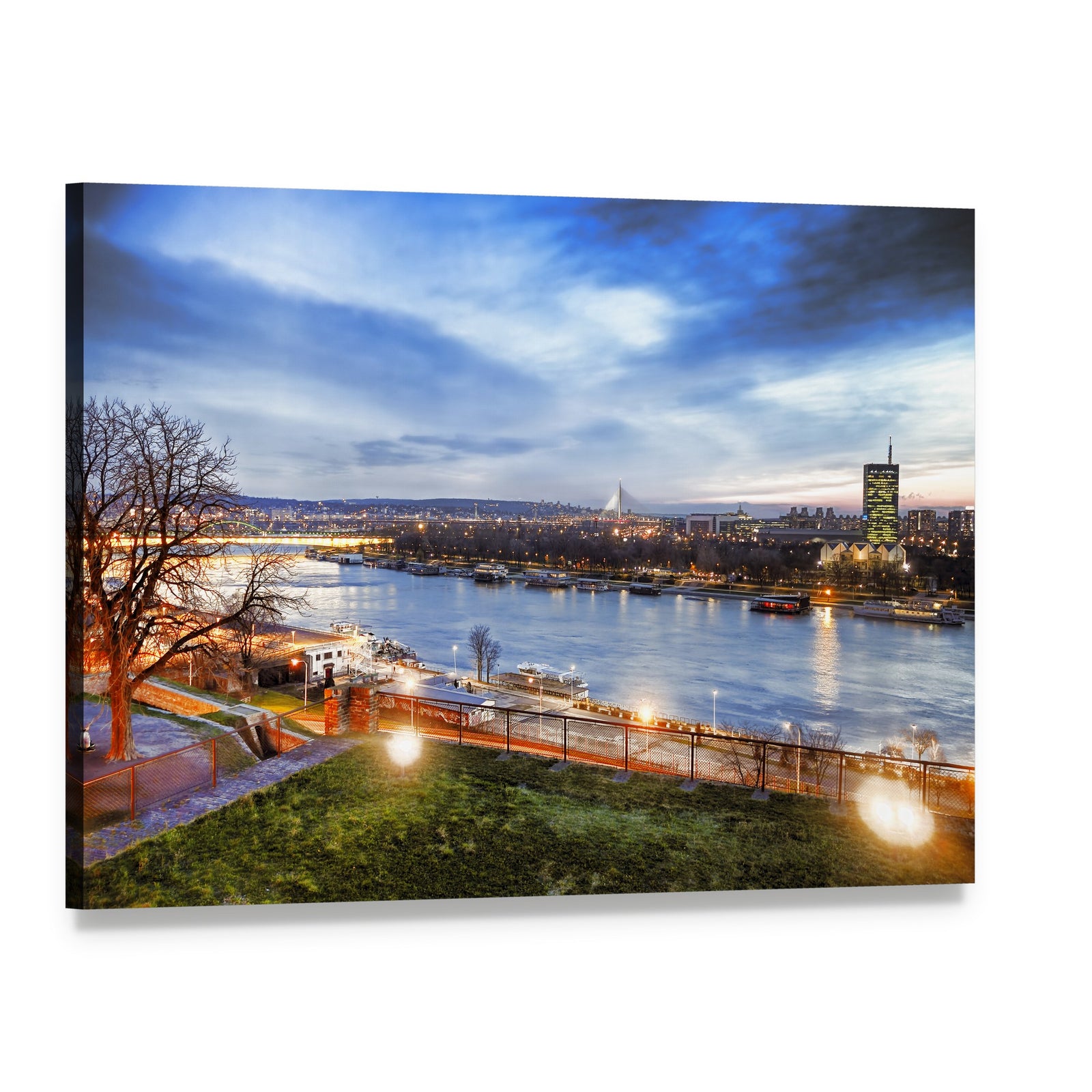 Belgrade Waterfront at Twilight Canvas Wall Art, single panel gallery wrapped canvas, angled product view