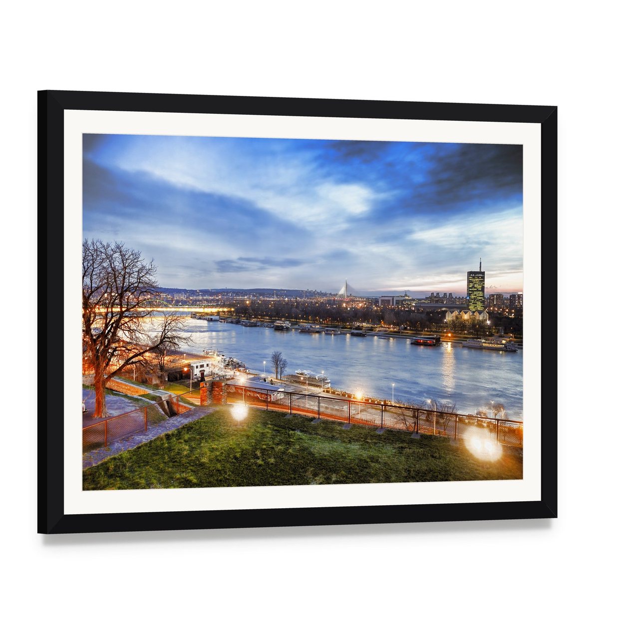 Belgrade Waterfront at Twilight Canvas Wall Art, framed print with white mat and black frame, angled product view