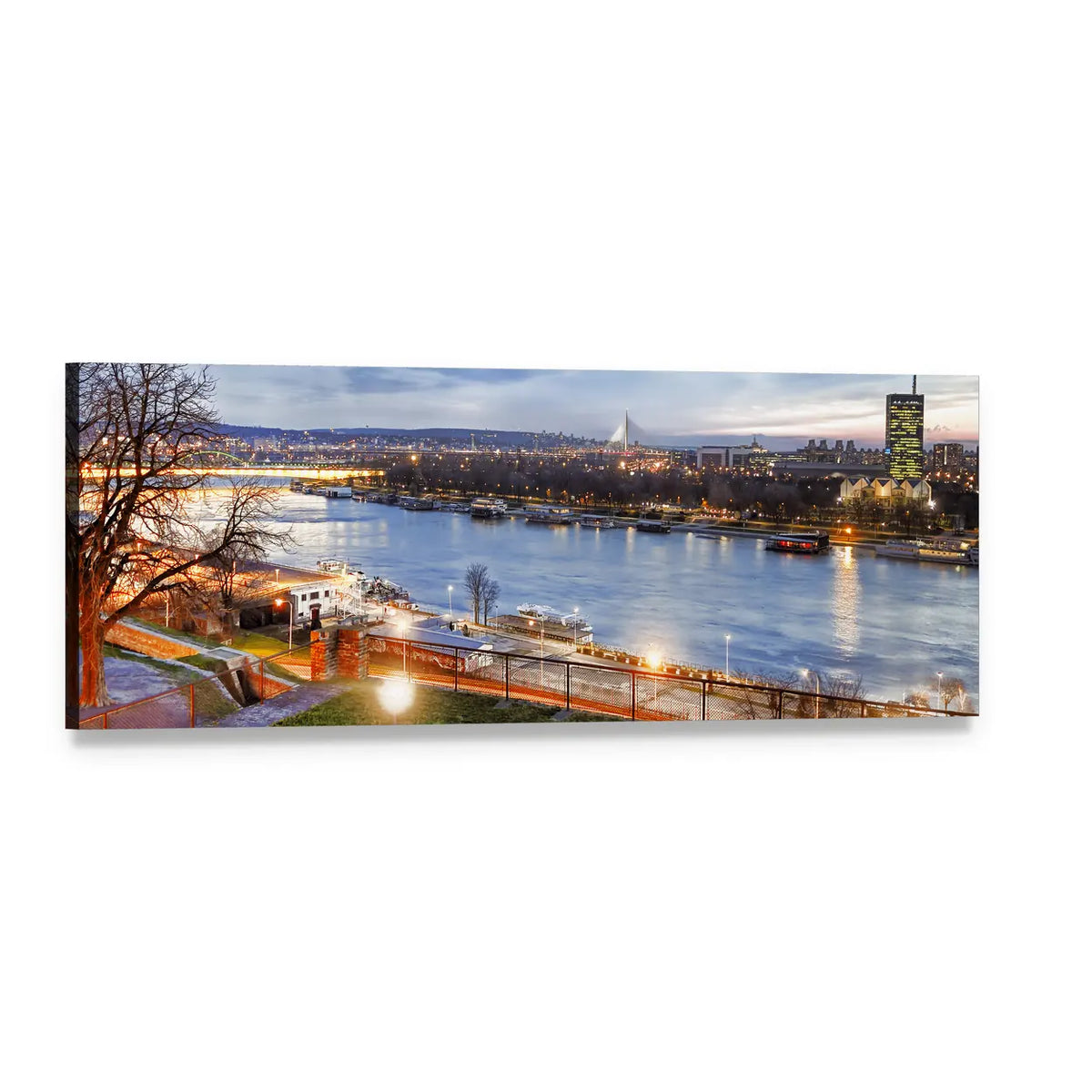 Belgrade Skyline with Cable-stayed Bridge Panoramic Canvas Wall Art, single panel gallery wrapped canvas, angled product view