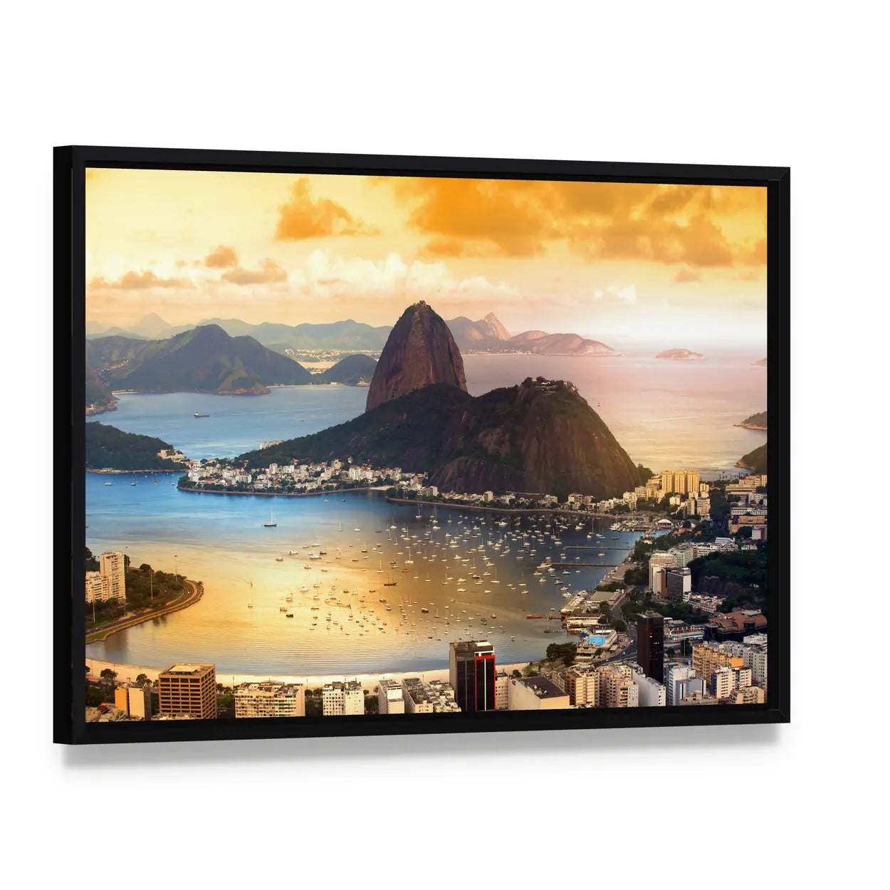 Rio De Janeiro Twilight Over Guanabara Bay Canvas Wall Art, framed canvas in a black floater frame, angled product view
