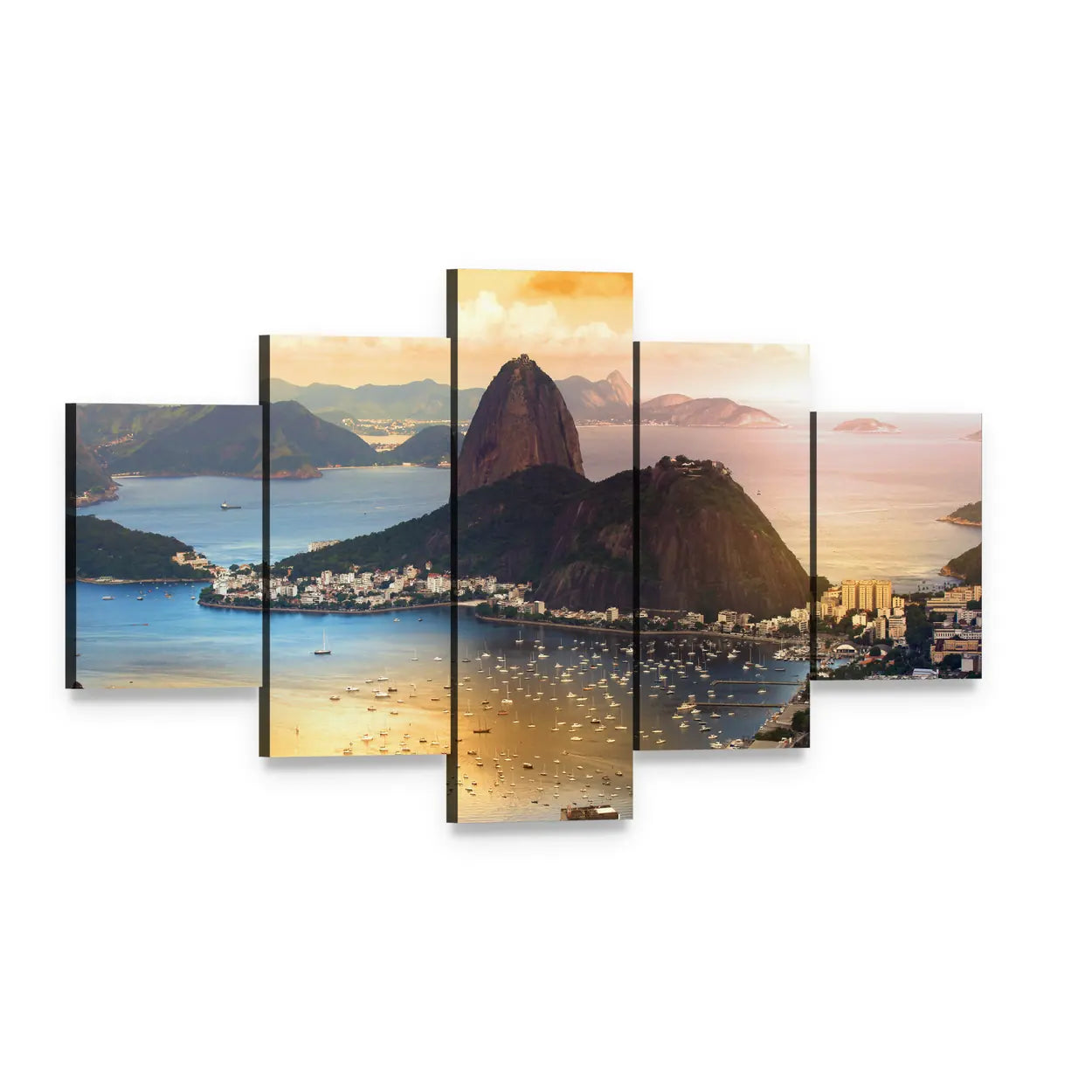 Rio De Janeiro Twilight Over Guanabara Bay Canvas Wall Art, 5 panel 5 Star layout gallery wrapped canvas set, angled product view
