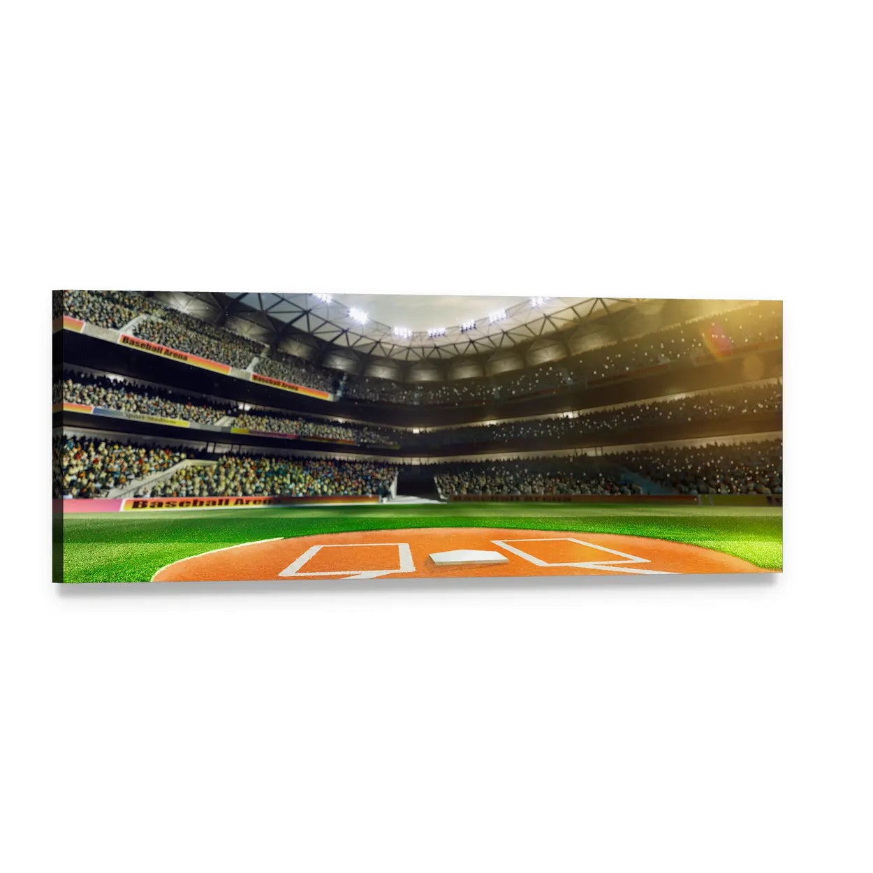 Baseball Stadium Night Game Panoramic Canvas Wall Art, single panel gallery wrapped canvas, angled product view