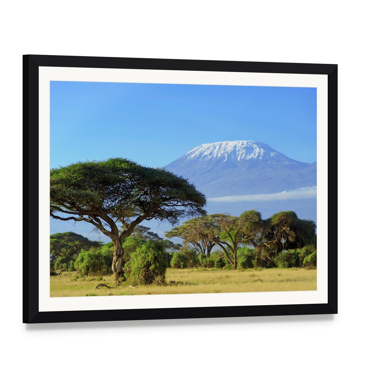 Snow-capped Mount Kilimanjaro Canvas Wall Art, framed print with white mat and black frame, angled product view