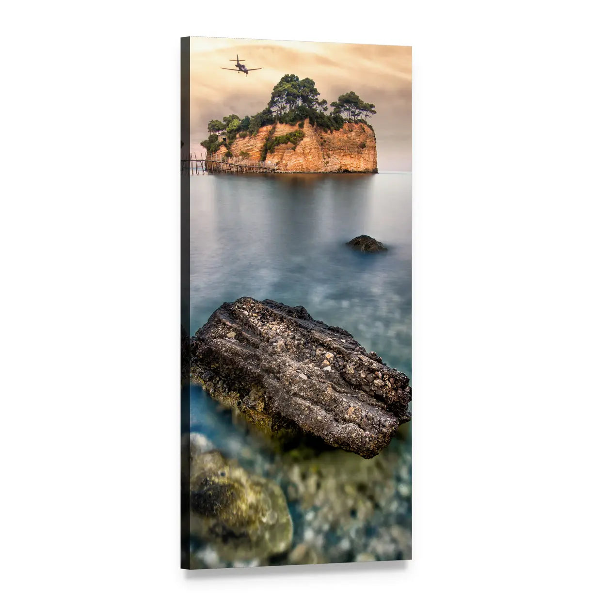 Tree-covered Island with Pier and Rock Vertical Canvas Wall Art, 1 panel 1 Vertical layout gallery wrapped canvas set, angled product view