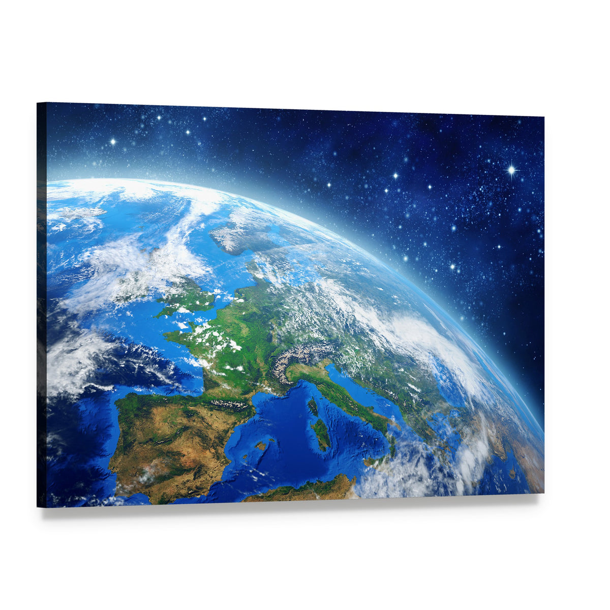 Earth from Space in Daylight Canvas Wall Art, single panel gallery wrapped canvas, angled product view