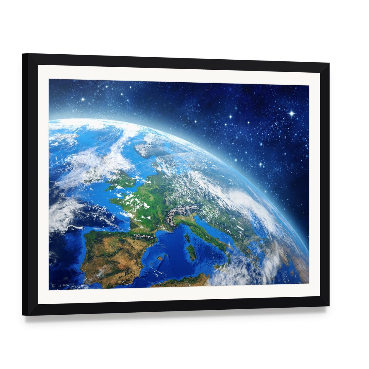 Earth from Space in Daylight Canvas Wall Art, framed print with white mat and black frame, angled product view