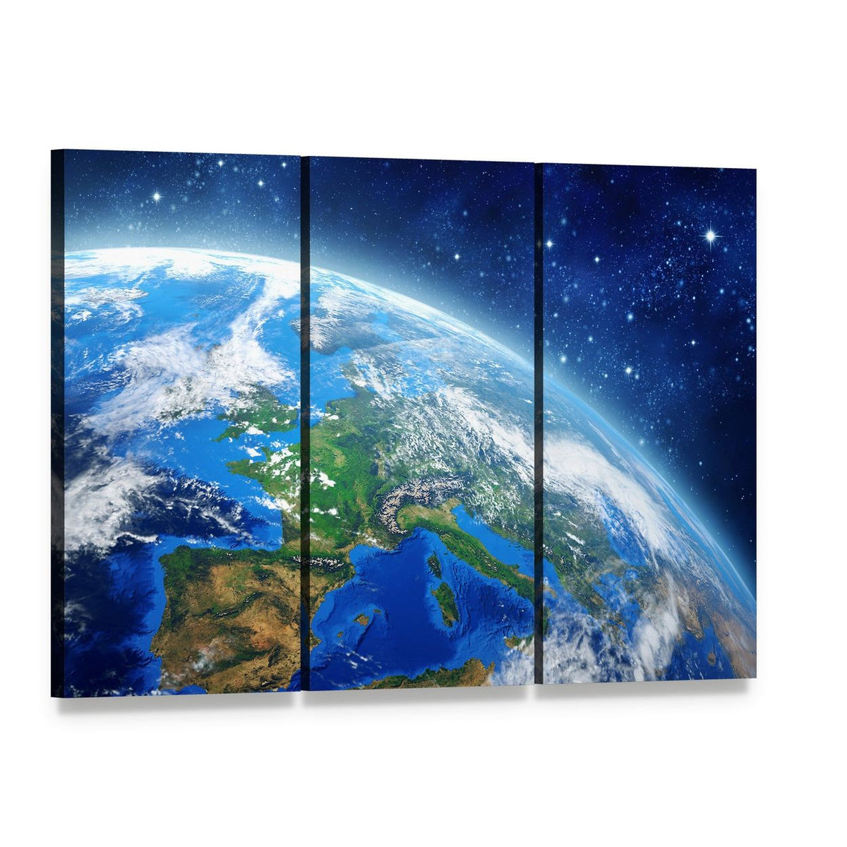 Earth from Space in Daylight Canvas Wall Art, 3 panel 3 Horizontal layout gallery wrapped canvas set, angled product view
