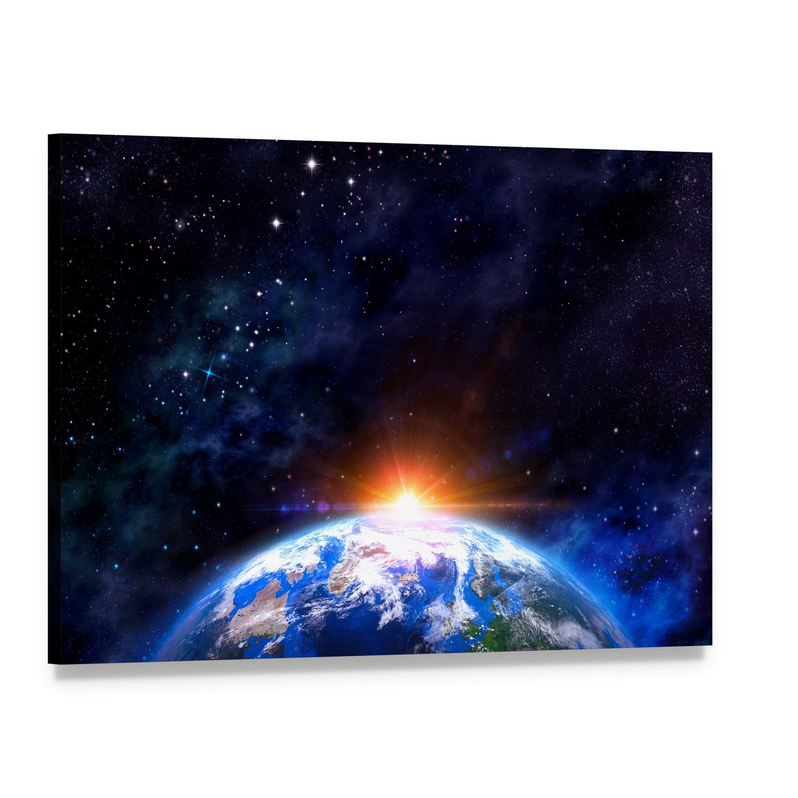 Earth from Space at Sunrise Canvas Wall Art, single panel gallery wrapped canvas, angled product view