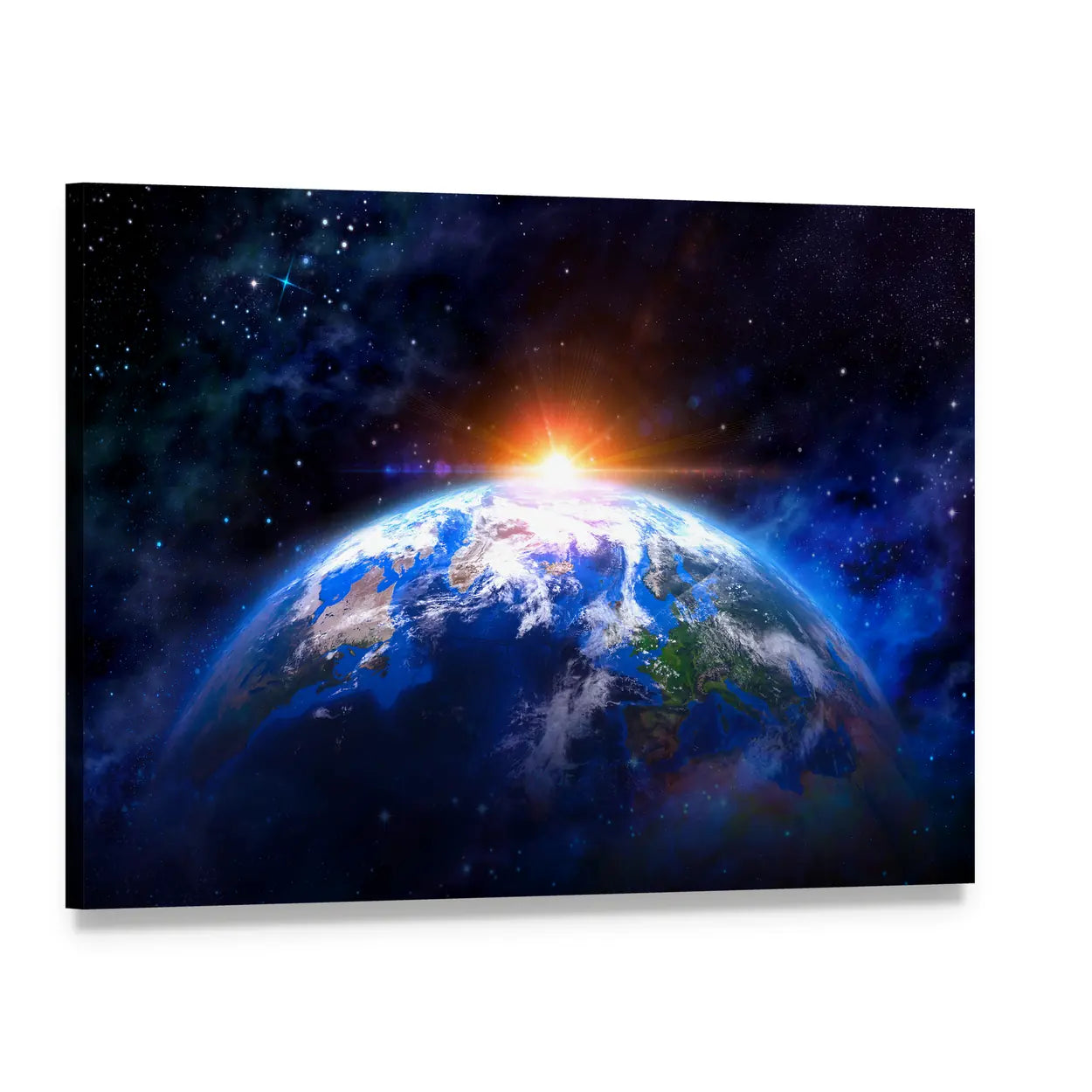 Earth from Space at Sunrise Canvas Wall Art, single panel gallery wrapped canvas, angled product view