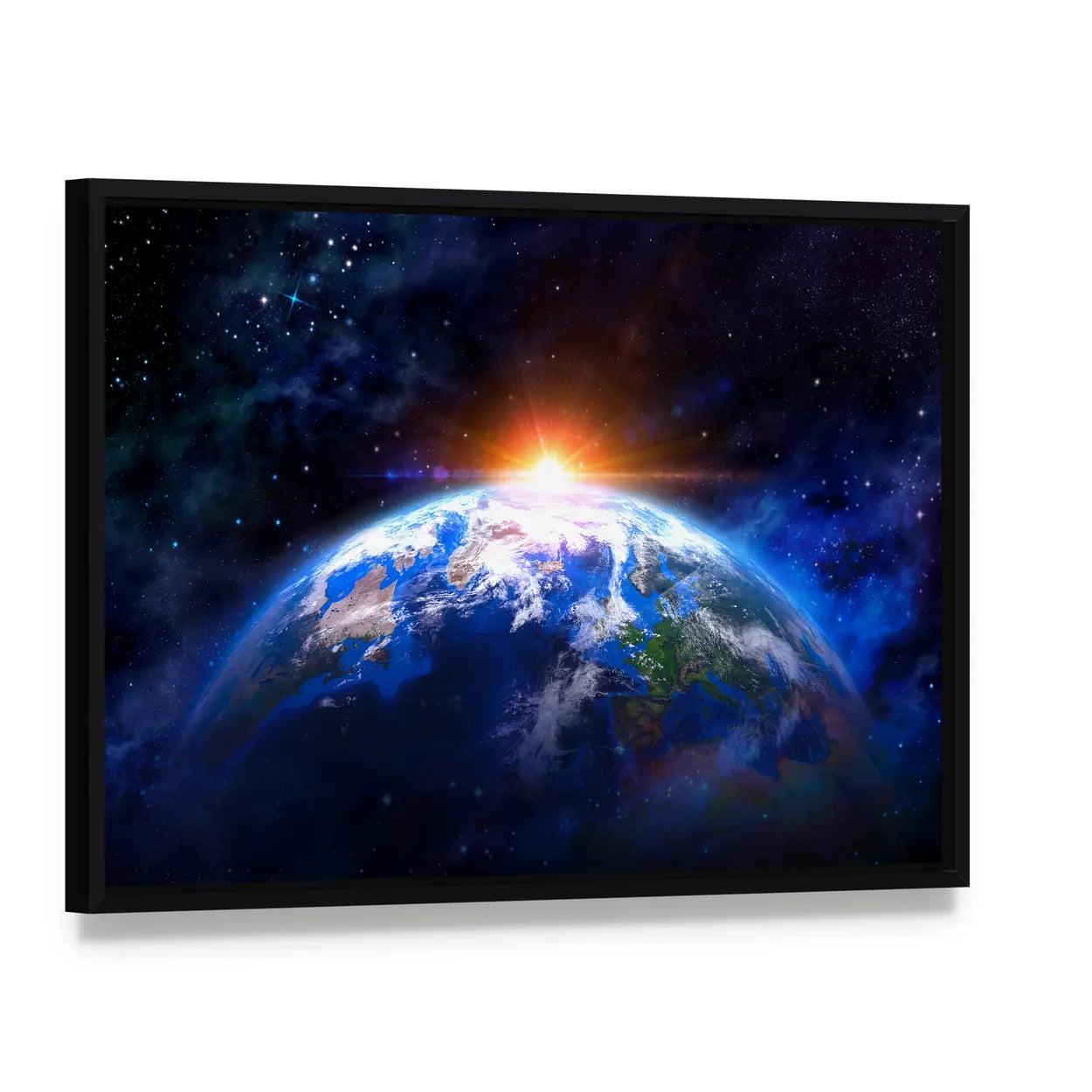 Earth from Space at Sunrise Canvas Wall Art, framed canvas in a black floater frame, angled product view