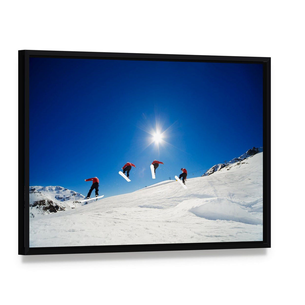 Snowboarder Sequence Jump Canvas Wall Art, framed canvas in a black floater frame, angled product view