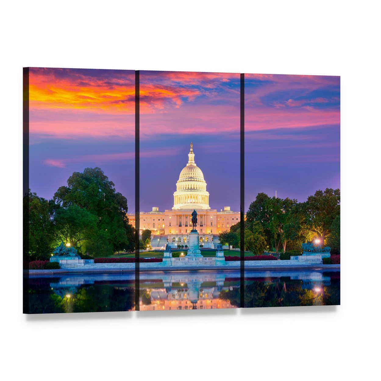 Us Capitol Reflection at Sunset, Washington Dc Canvas Wall Art, 3 panel 3 Horizontal layout gallery wrapped canvas set, angled product view