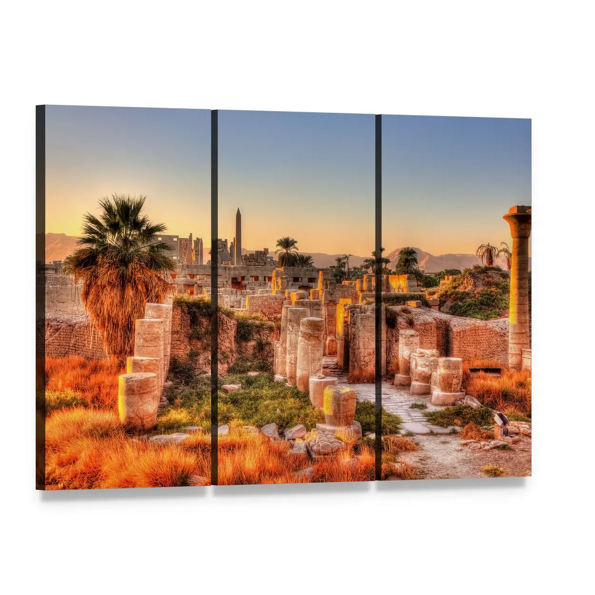 Evening View of Karnak Temple Canvas Wall Art, 3 panel 3 Horizontal layout gallery wrapped canvas set, angled product view