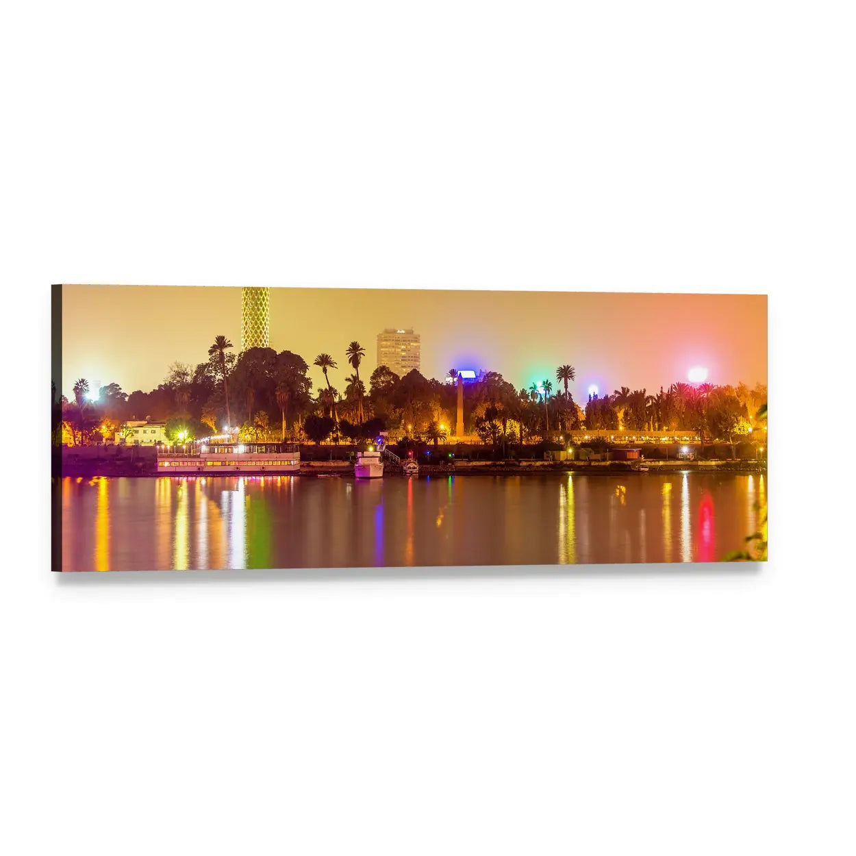Cairo Evening Skyline with River Reflections Panoramic Canvas Wall Art, single panel gallery wrapped canvas, angled product view