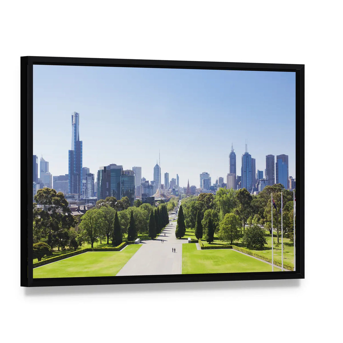 City Skyline with Park Path Canvas Wall Art, framed canvas in a black floater frame, angled product view