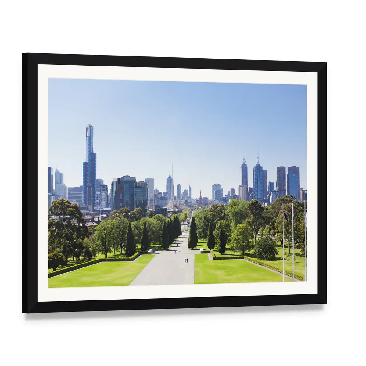 City Skyline with Park Path Canvas Wall Art, framed print with white mat and black frame, angled product view