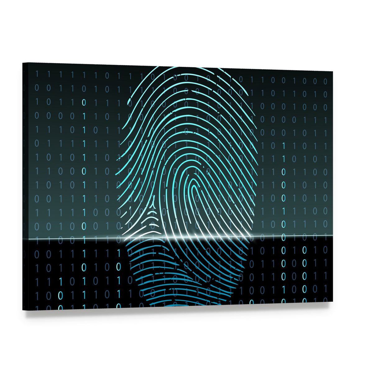 Glowing Blue Fingerprint with Binary Code Canvas Wall Art, single panel gallery wrapped canvas, angled product view