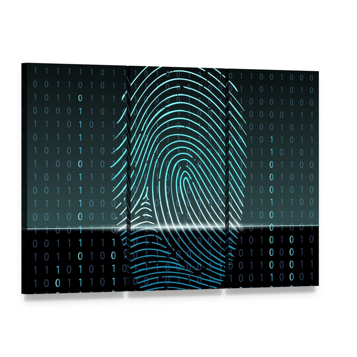 Glowing Blue Fingerprint with Binary Code Canvas Wall Art, 3 panel 3 Horizontal layout gallery wrapped canvas set, angled product view