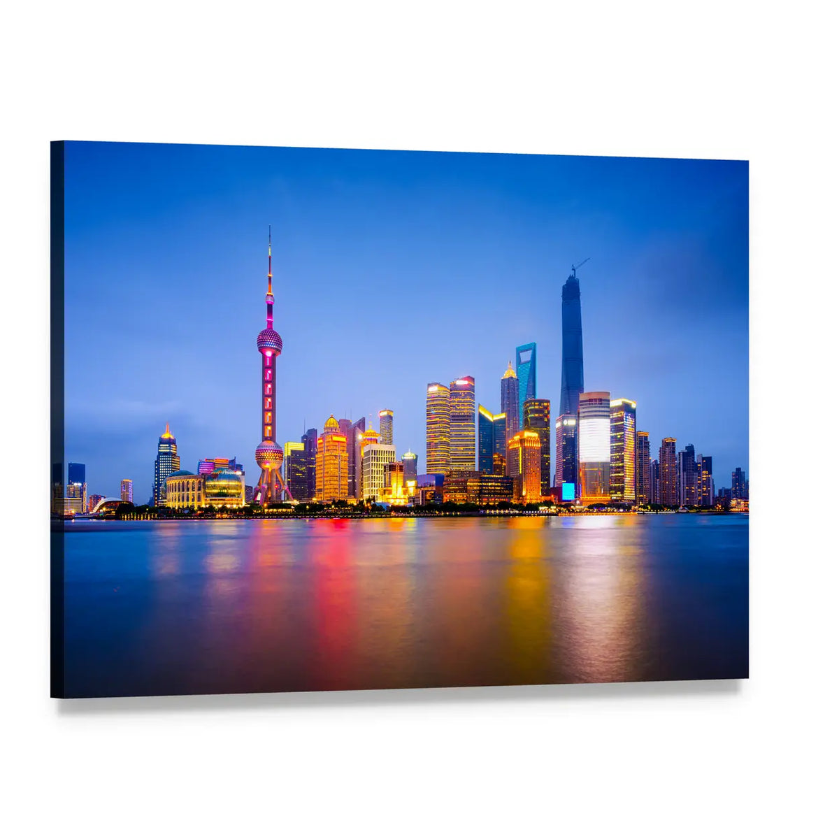 Shanghai Skyline at Dusk Canvas Wall Art, single panel gallery wrapped canvas, angled product view