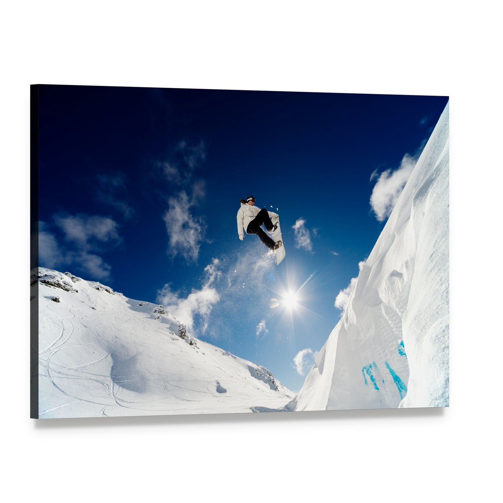 Snowboarder Jumping Through the Air Canvas Wall Art, single panel gallery wrapped canvas, angled product view