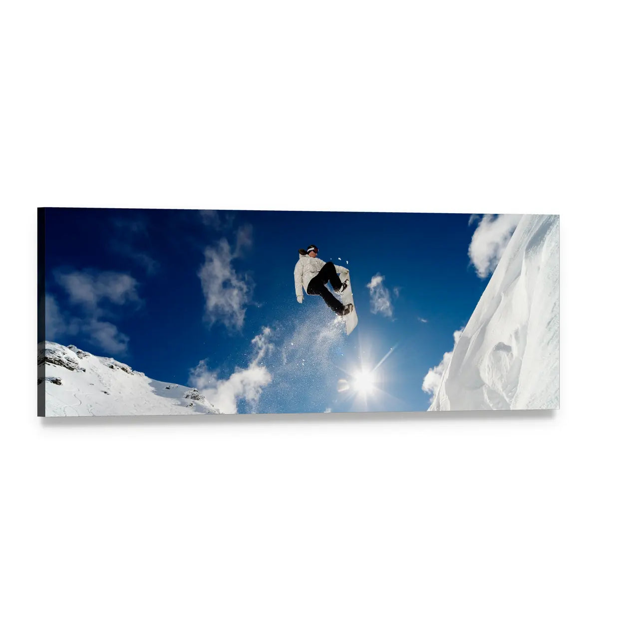 Snowboarder Mid-air Over Snow-covered Mountains Panoramic Canvas Wall Art, single panel gallery wrapped canvas, angled product view