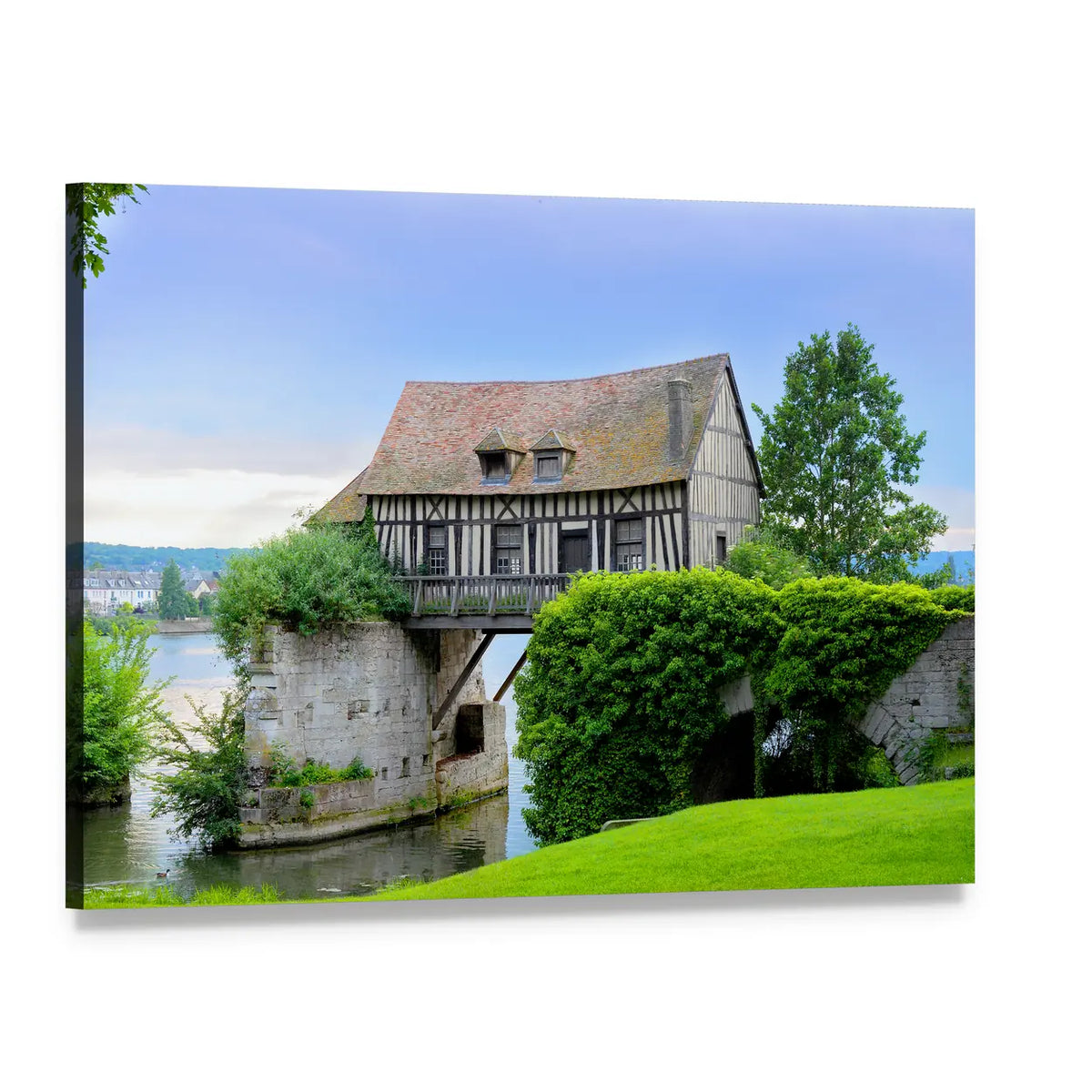 Half-timbered Mill House on Bridge Canvas Wall Art, single panel gallery wrapped canvas, angled product view