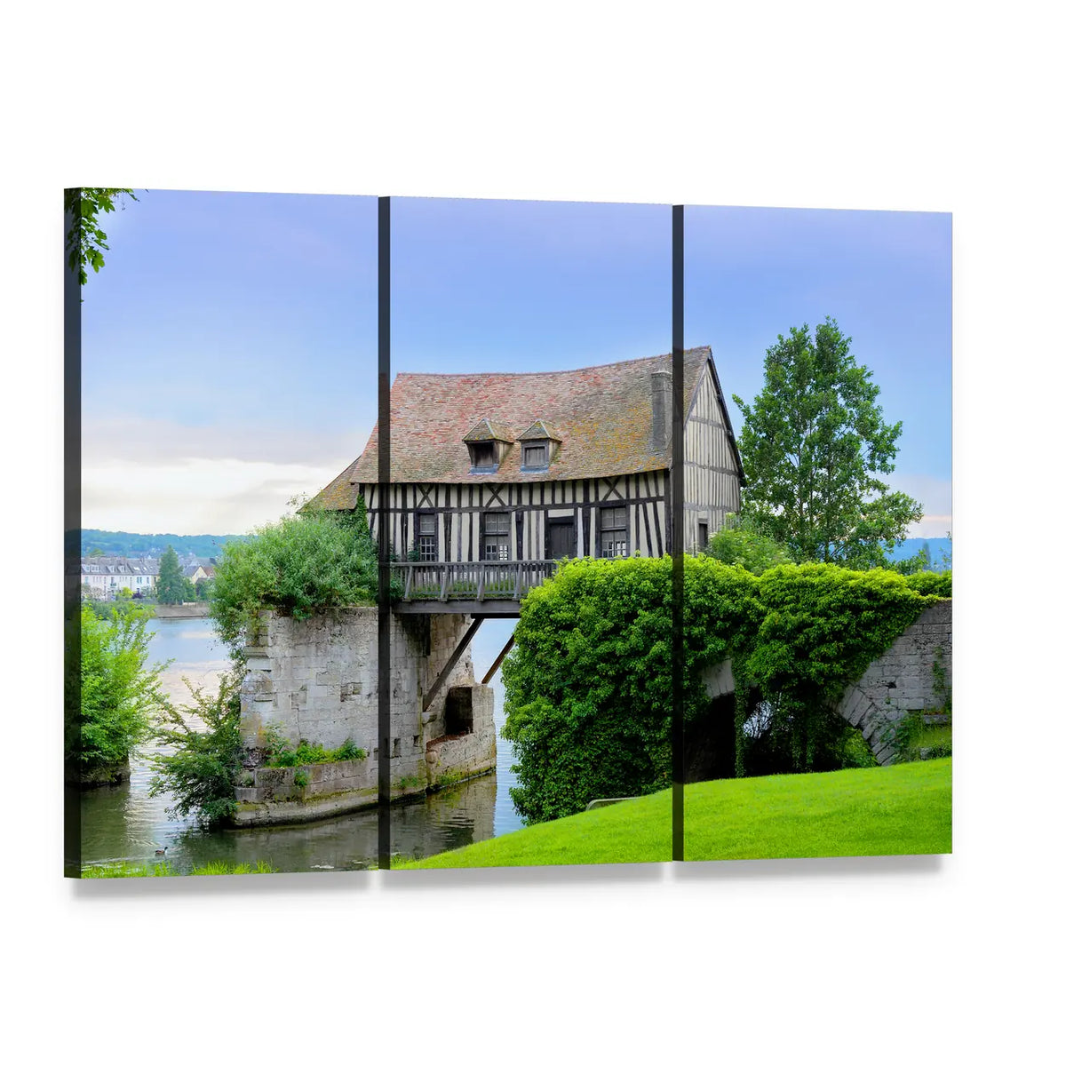 Half-timbered Mill House on Bridge Canvas Wall Art, 3 panel 3 Horizontal layout gallery wrapped canvas set, angled product view