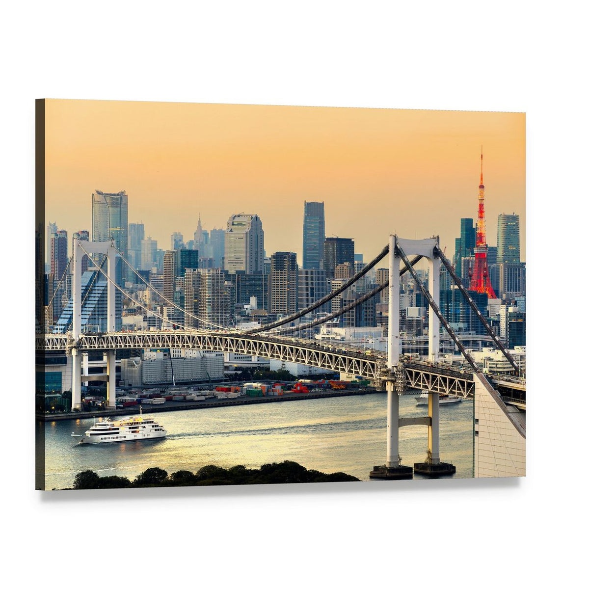 Tokyo Tower and Rainbow Bridge at Sunset Canvas Wall Art, single panel gallery wrapped canvas, angled product view
