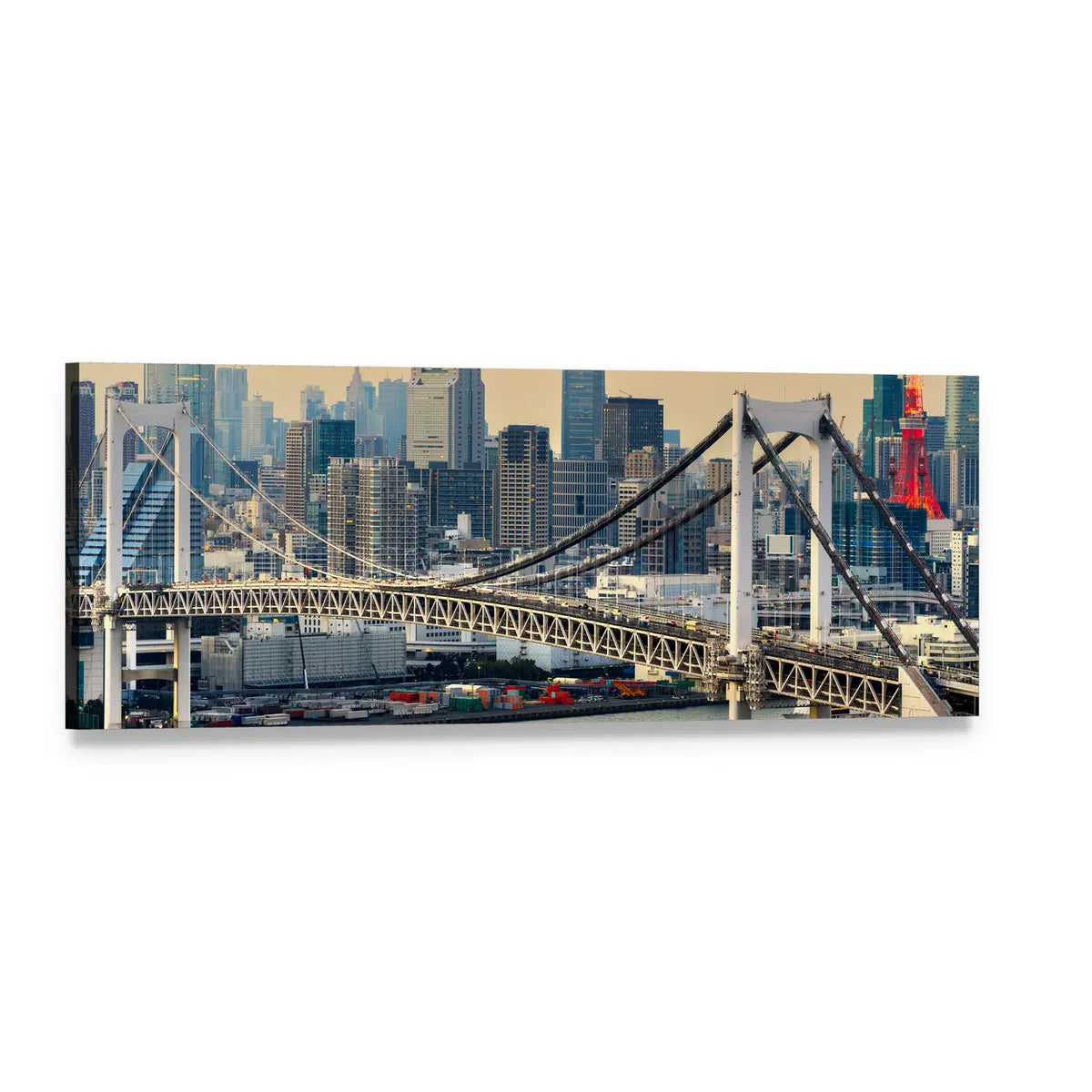 Rainbow Bridge and Tokyo Tower Panoramic Canvas Wall Art, single panel gallery wrapped canvas, angled product view