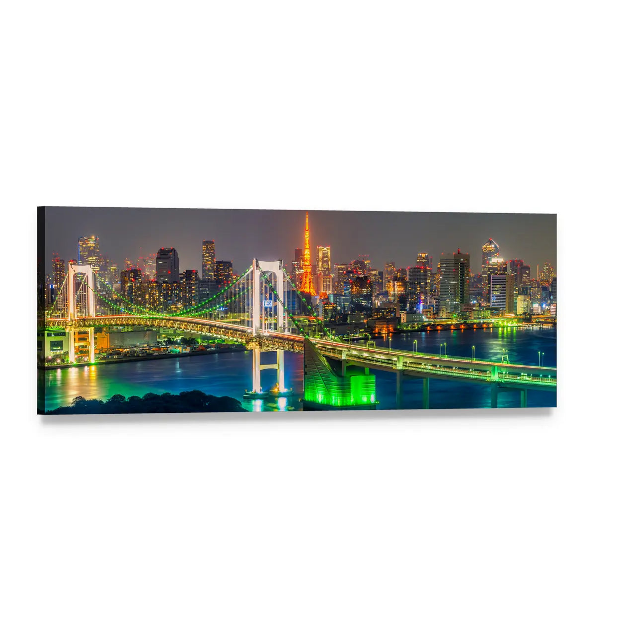 Tokyo Tower and Rainbow Bridge Panoramic Canvas Wall Art, single panel gallery wrapped canvas, angled product view