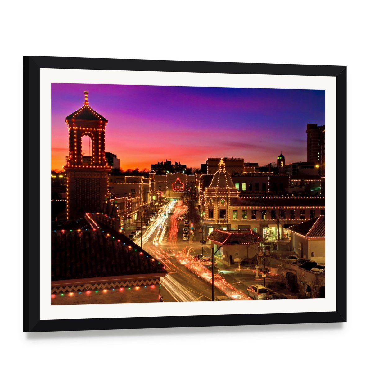Kansas City Plaza Christmas Lights Canvas Wall Art, framed print with white mat and black frame, angled product view