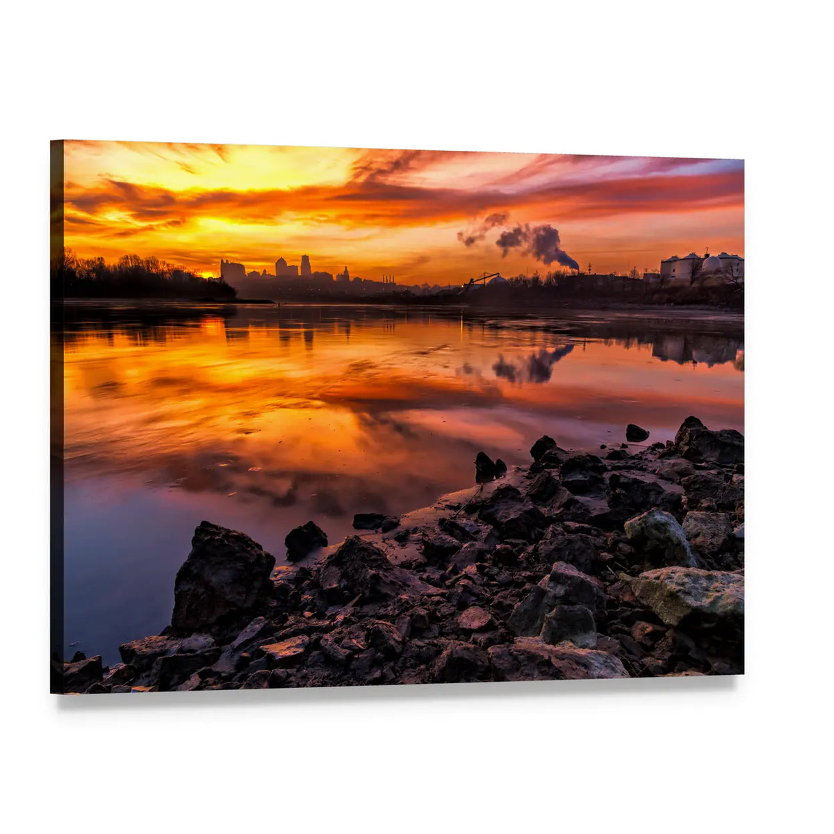 Kansas City Skyline at Sunset Canvas Wall Art, single panel gallery wrapped canvas, angled product view