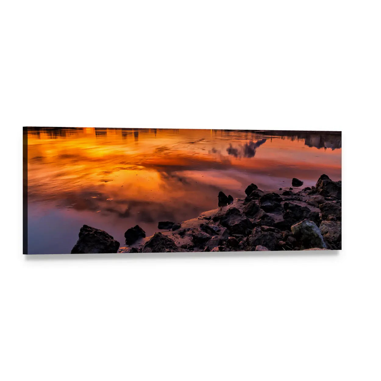 Orange Sunset Over Rocky Shoreline Panoramic Canvas Wall Art, single panel gallery wrapped canvas, angled product view
