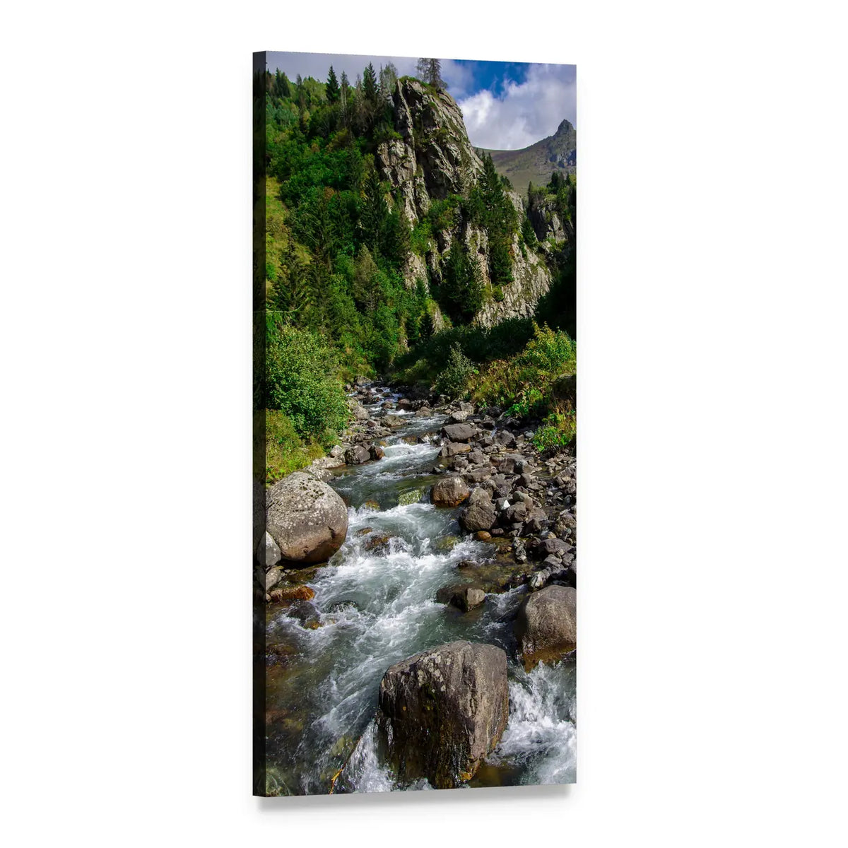 Mountain Stream Through Green Forest Vertical Canvas Wall Art, 1 panel 1 Vertical layout gallery wrapped canvas set, angled product view