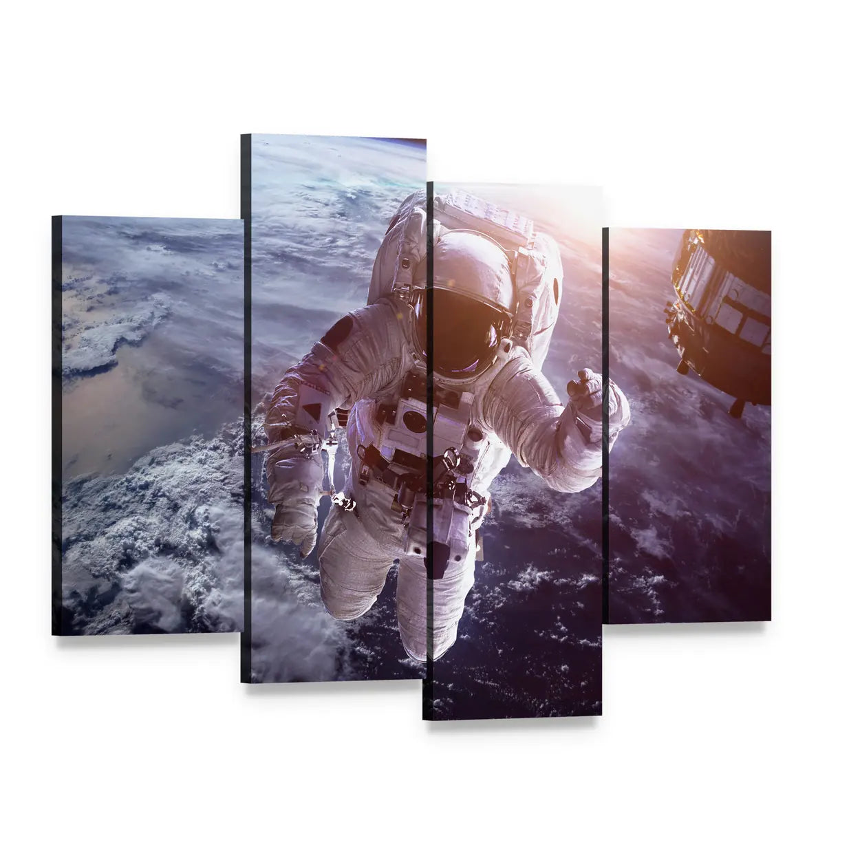 Astronaut Above the Earth Canvas Wall Art, 4 panel 4 Pop layout gallery wrapped canvas set, angled product view