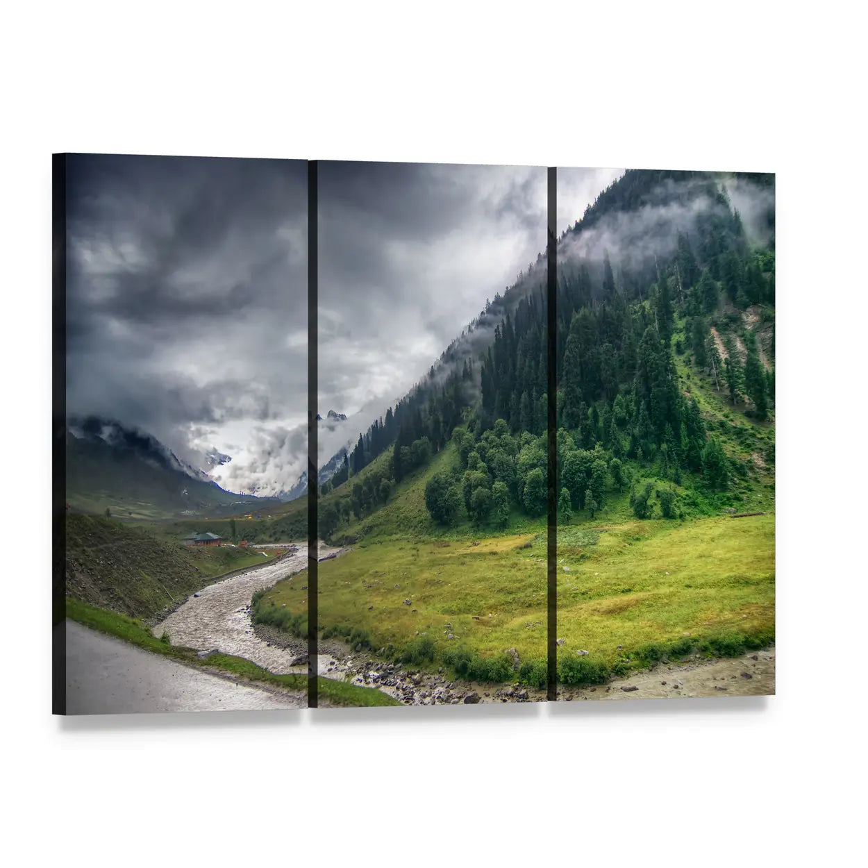 Storm Clouds Over Snow-capped Mountains Canvas Wall Art, 3 panel 3 Horizontal layout gallery wrapped canvas set, angled product view