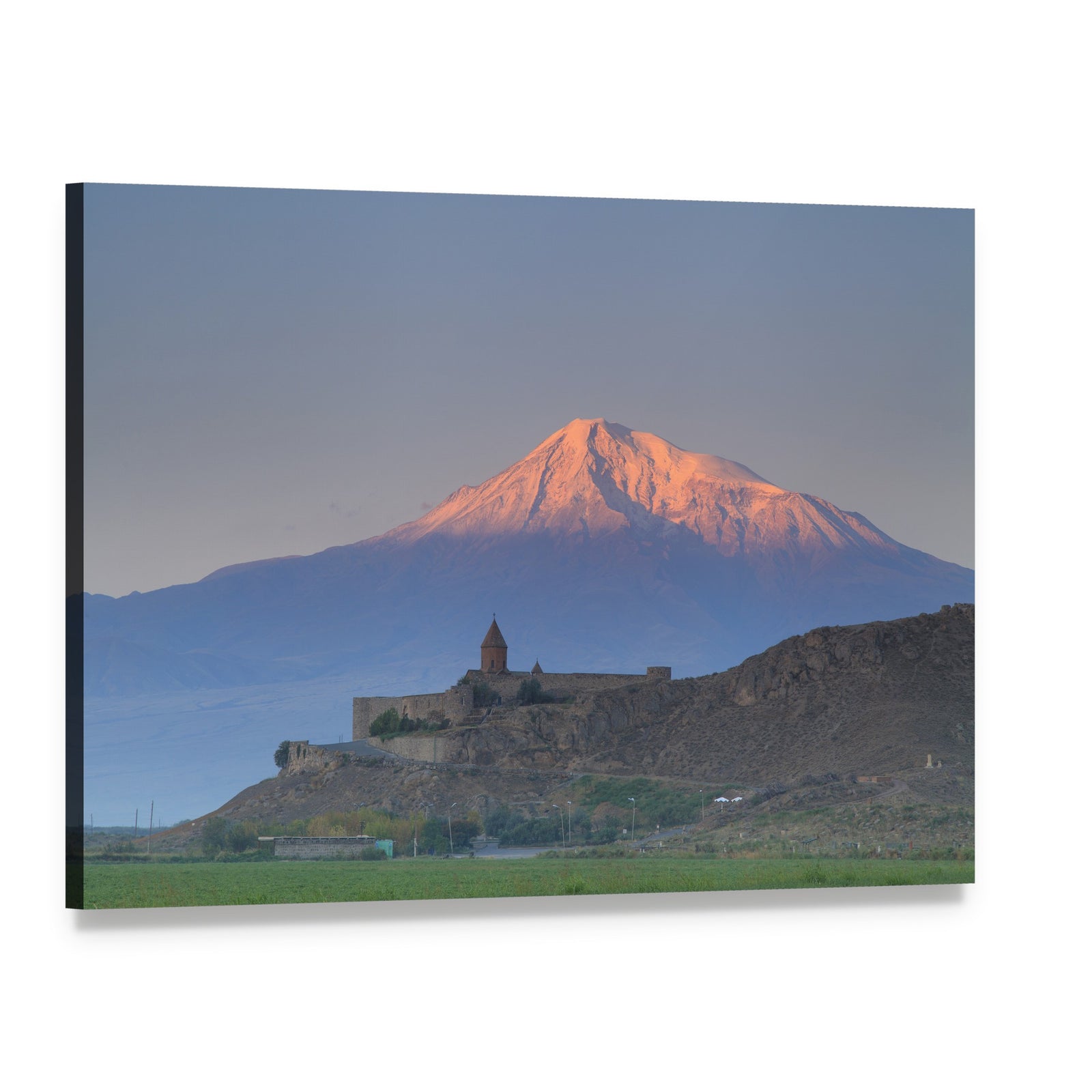 Khor Virap Church on Hill with Snow-capped Mountain Canvas Wall Art, single panel gallery wrapped canvas, angled product view