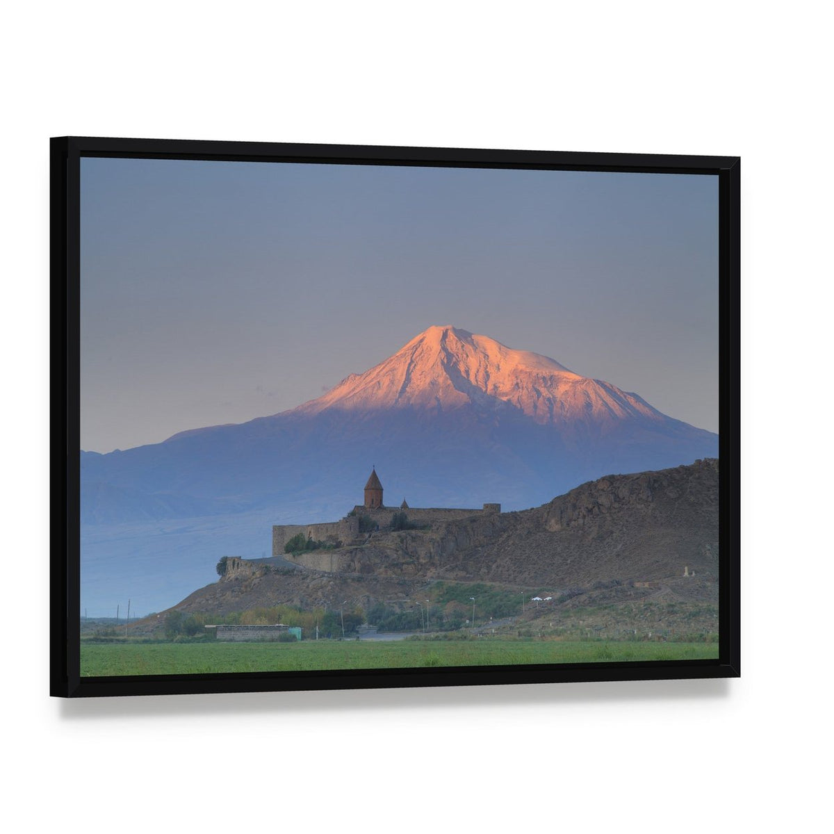 Khor Virap Church on Hill with Snow-capped Mountain Canvas Wall Art, framed canvas in a black floater frame, angled product view