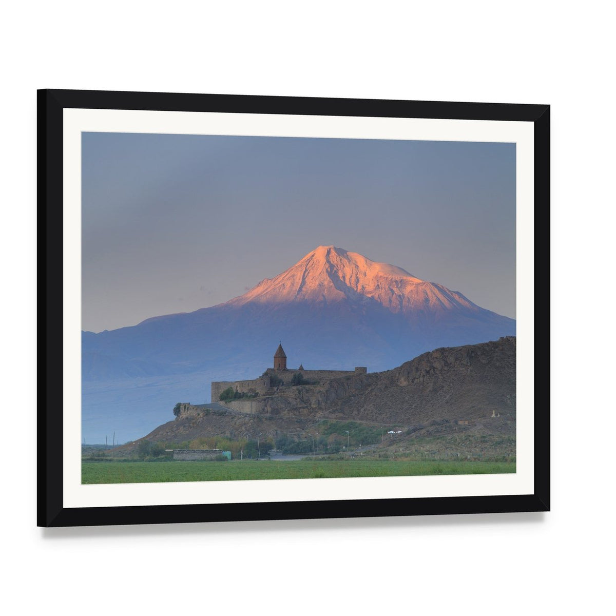Khor Virap Church on Hill with Snow-capped Mountain Canvas Wall Art, framed print with white mat and black frame, angled product view