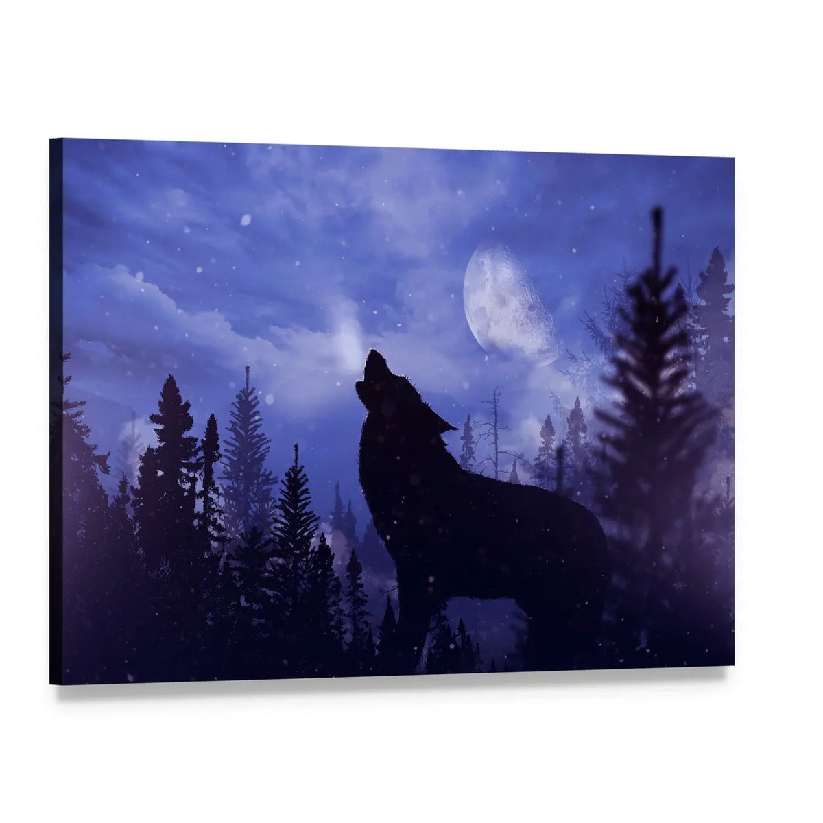 Howling Wolf in Pine Forest Canvas Wall Art, single panel gallery wrapped canvas, angled product view