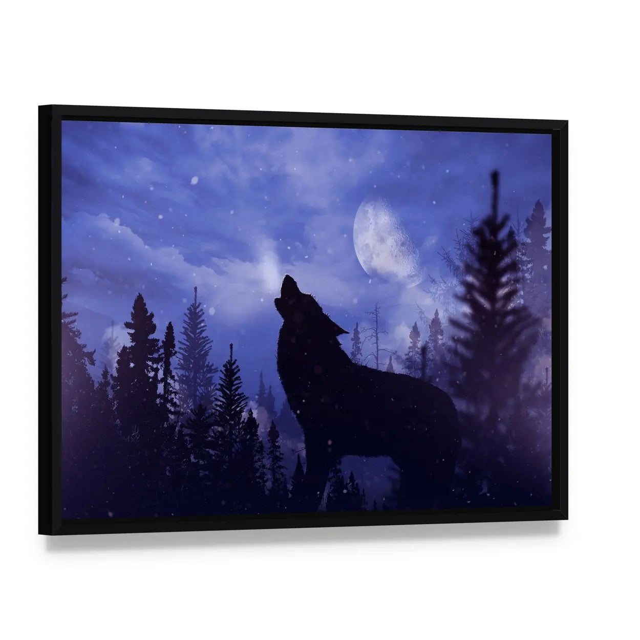 Howling Wolf in Moonlit Forest Canvas Wall Art, framed canvas in a black floater frame, angled product view