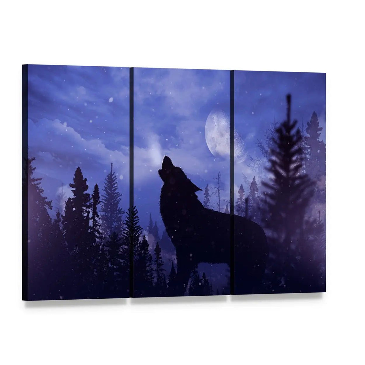 Howling Wolf in Moonlit Forest Canvas Wall Art, 3 panel 3 Horizontal layout gallery wrapped canvas set, angled product view