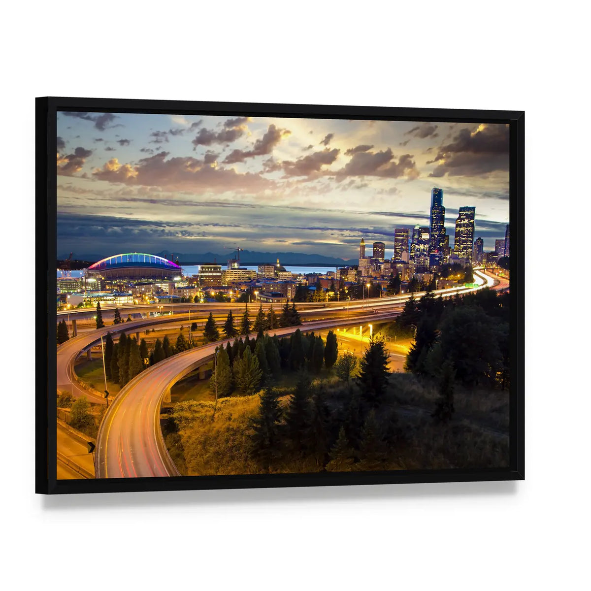 Seattle Night Skyline Canvas Wall Art, framed canvas in a black floater frame, angled product view